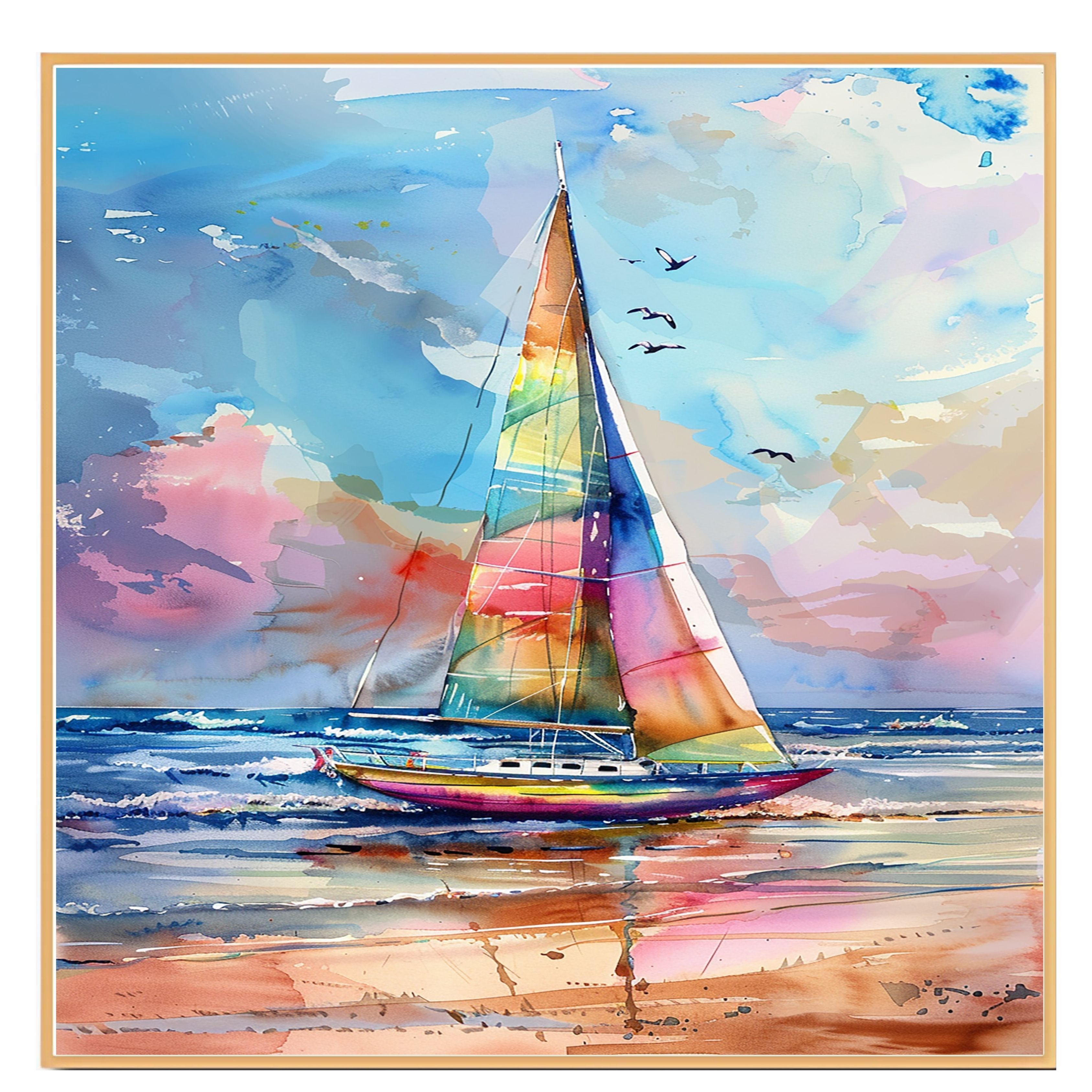 Watercolor Painting of Multicolored Sailboat on Ocean Waves